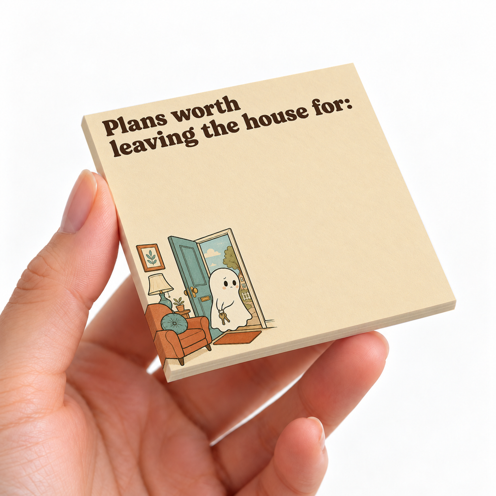 Introvert House Ghost sticky note pad on a desk with stationery