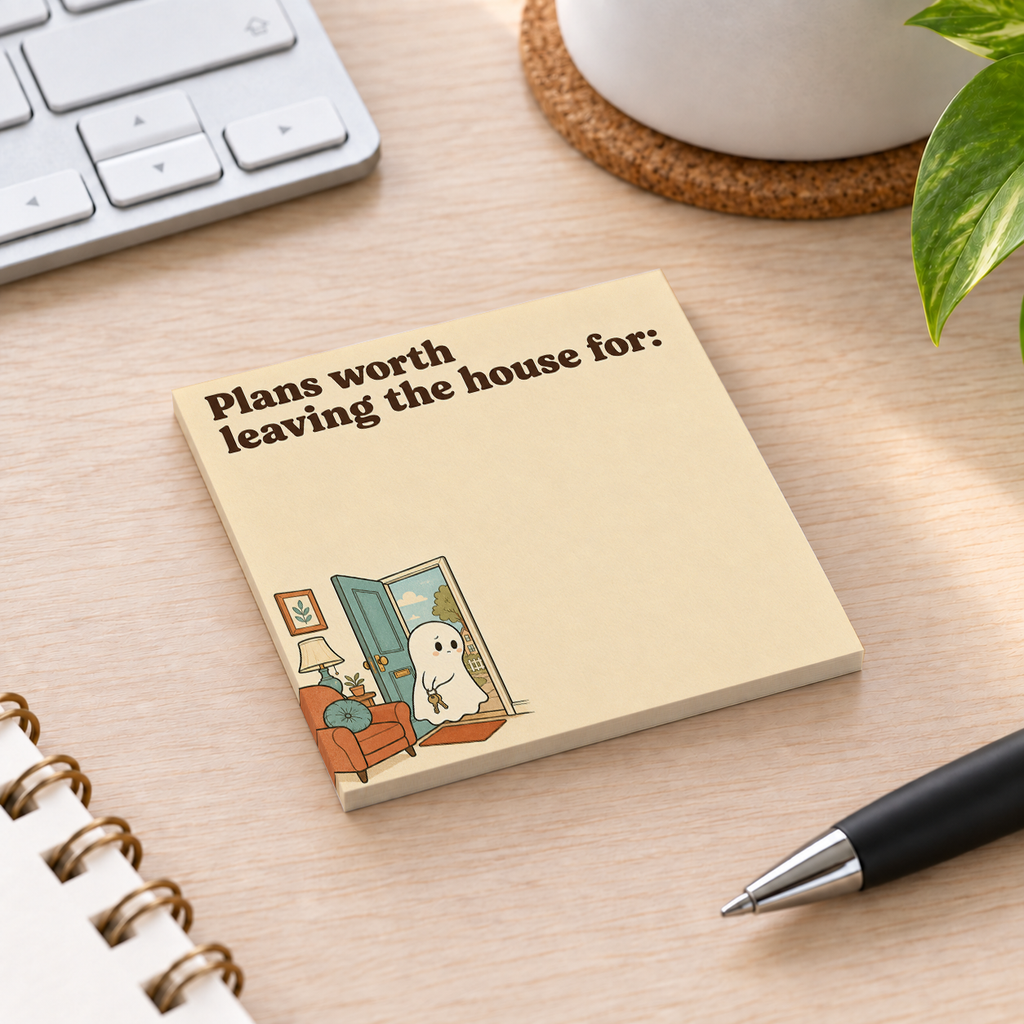 Close-up of Introvert House Ghost sticky note design and writable area
