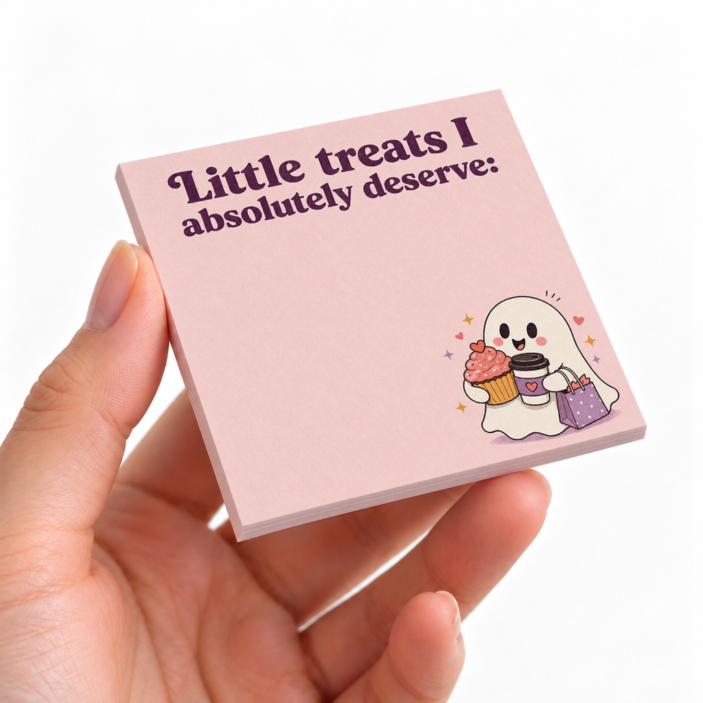 Little Treats Ghost sticky note pad on a desk with stationery