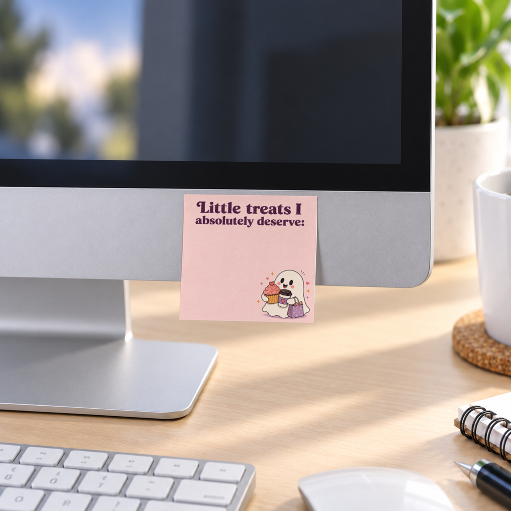 Little Treats Ghost memo pad in an office or home workspace