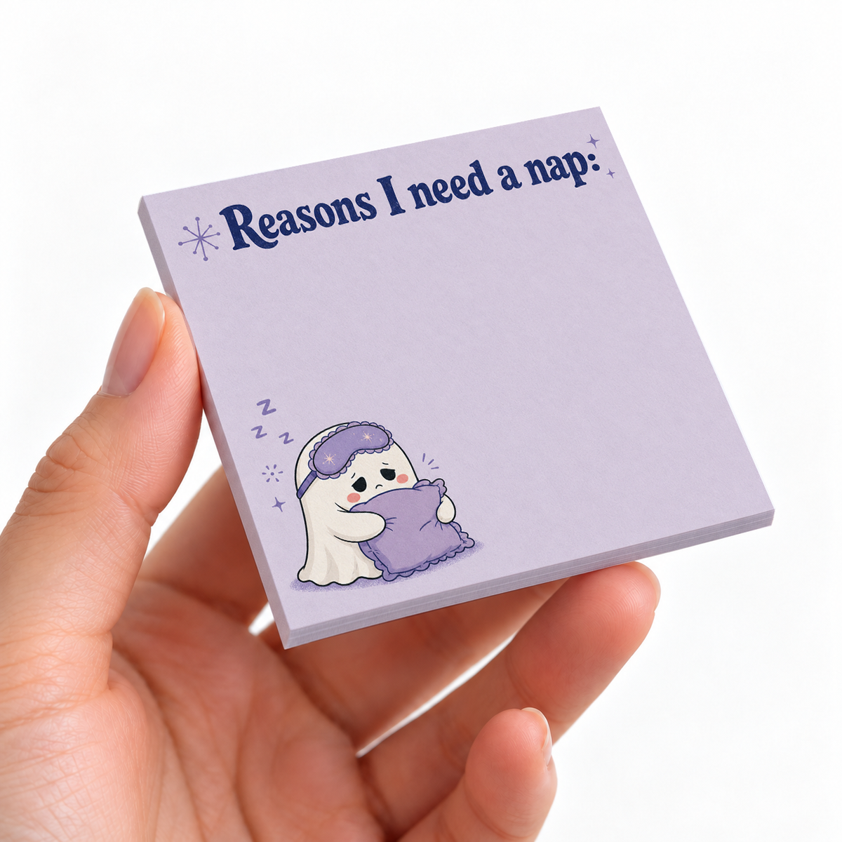 Reasons I Need A Nap Ghost sticky note pad on a desk with stationery