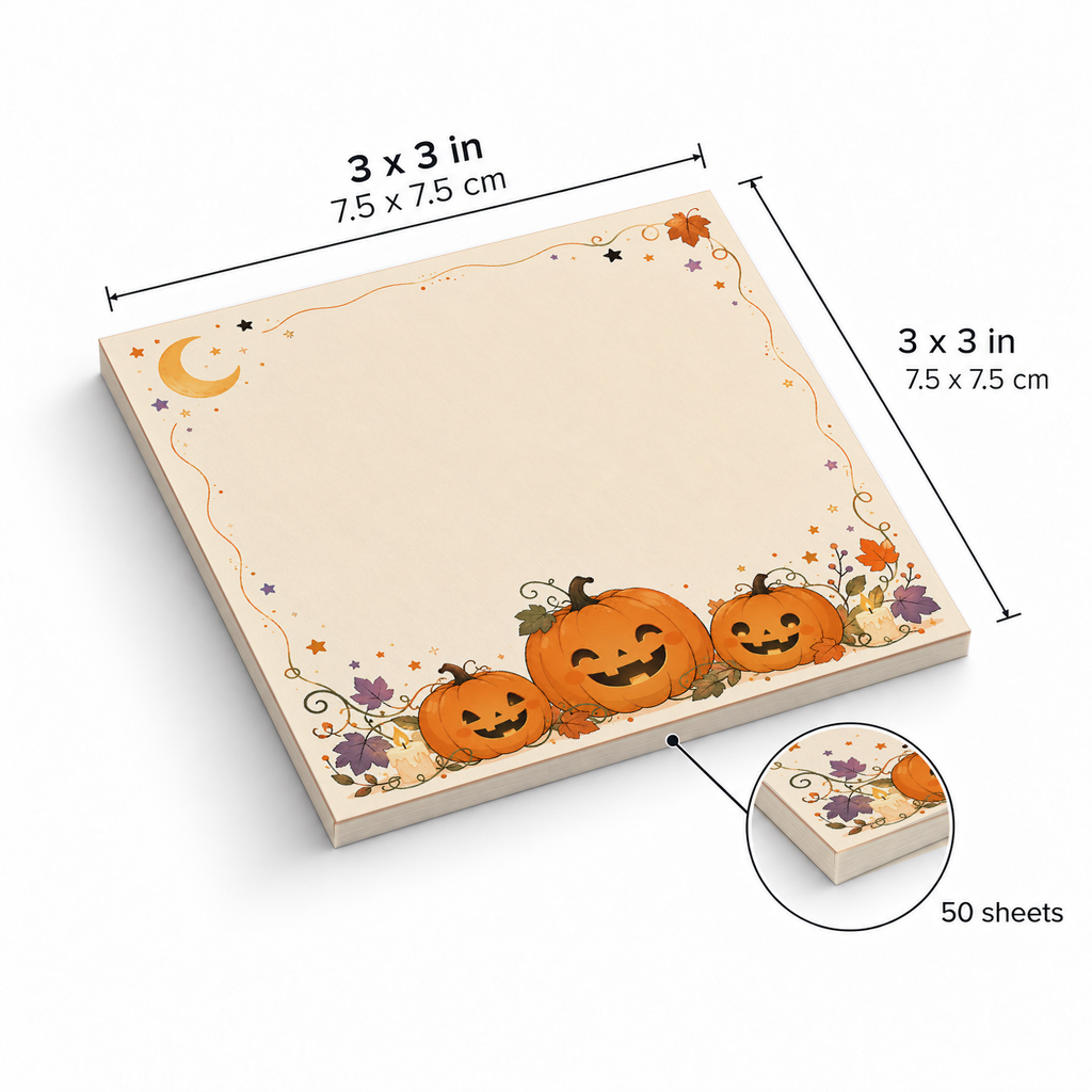 Kawaii Pumpkin Trio sticky notes, 3x3 in (7.5 x 7.5 cm), 50 sheets