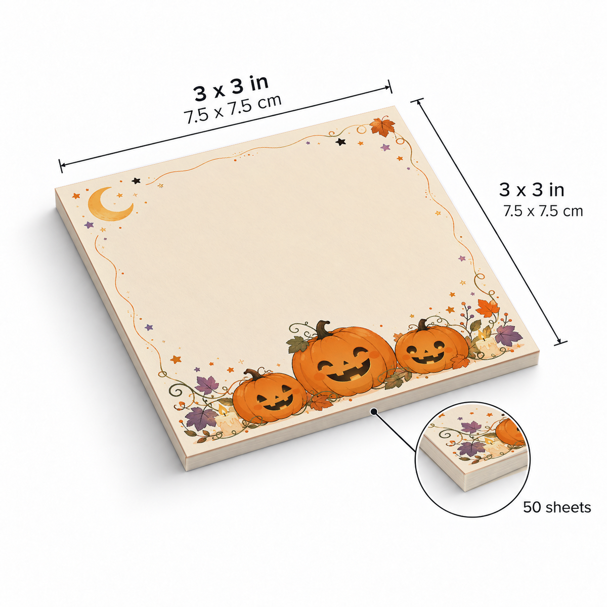 Kawaii Pumpkin Trio sticky notes, 3x3 in (7.5 x 7.5 cm), 50 sheets