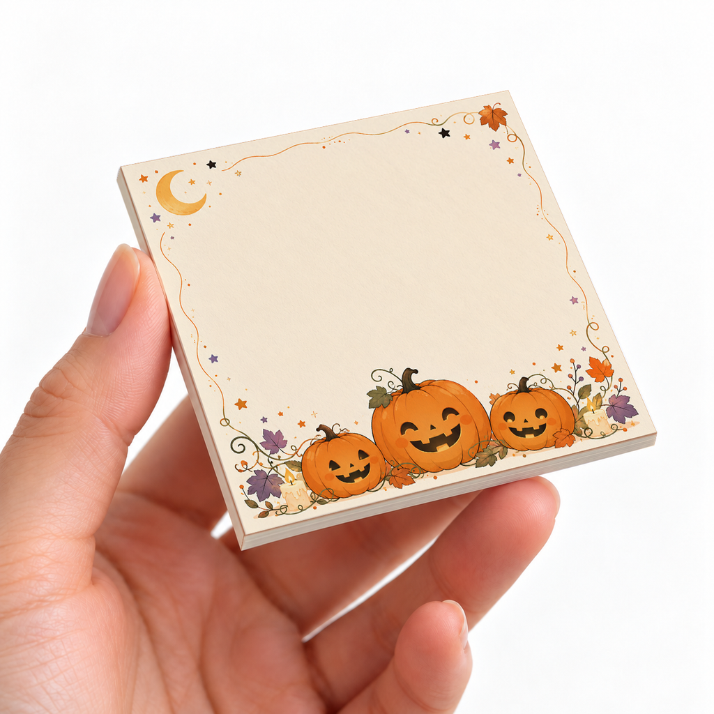 Kawaii Pumpkin Trio sticky note pad on a desk with stationery