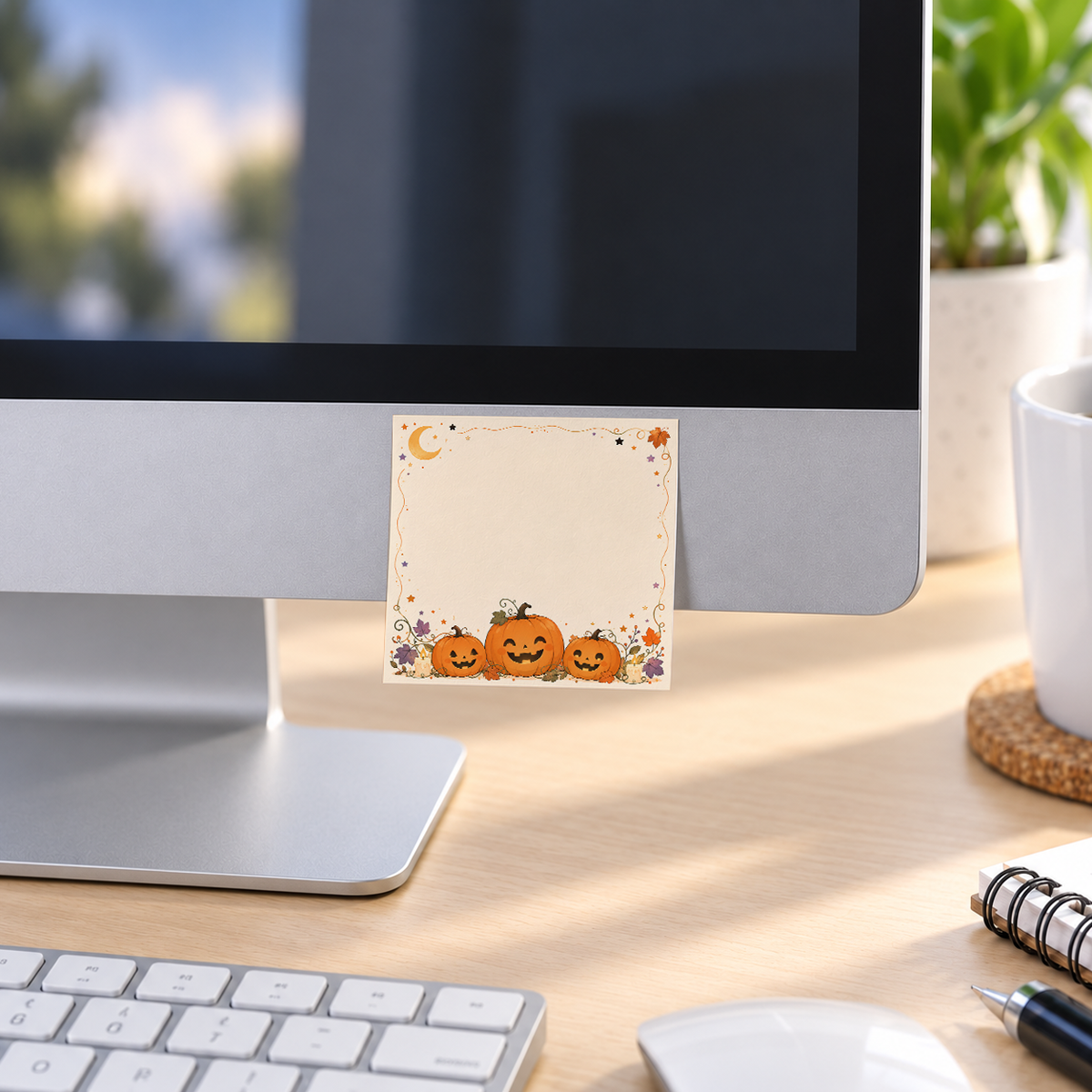 Kawaii Pumpkin Trio memo pad in an office or home workspace