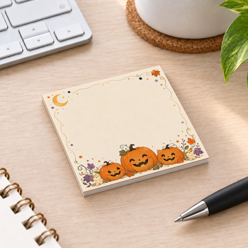 Close-up of Kawaii Pumpkin Trio sticky note design and writable area