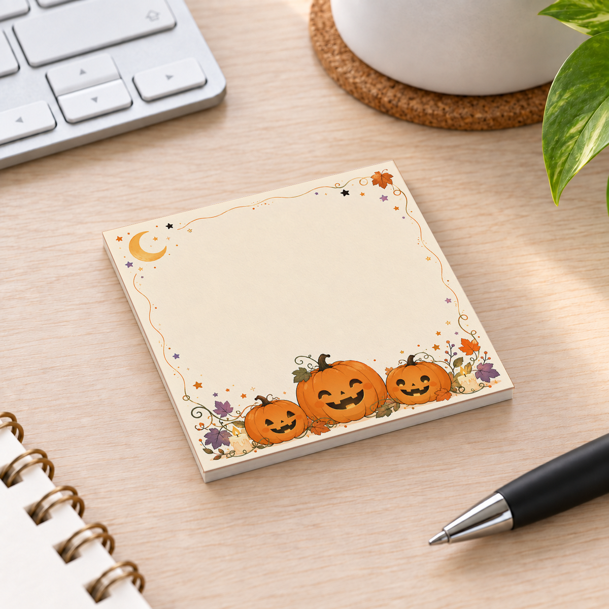 Close-up of Kawaii Pumpkin Trio sticky note design and writable area