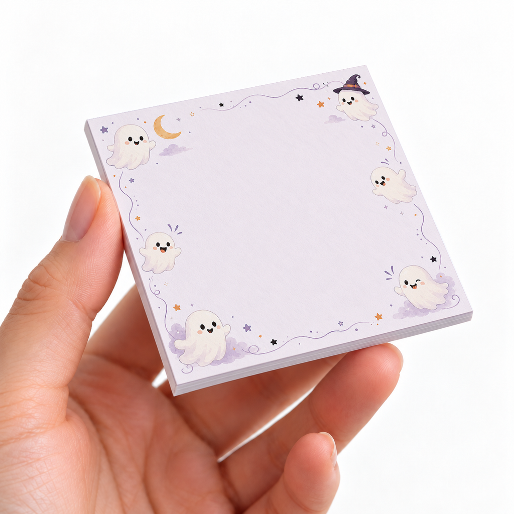 Pastel Floating Ghosts sticky note pad on a desk with stationery