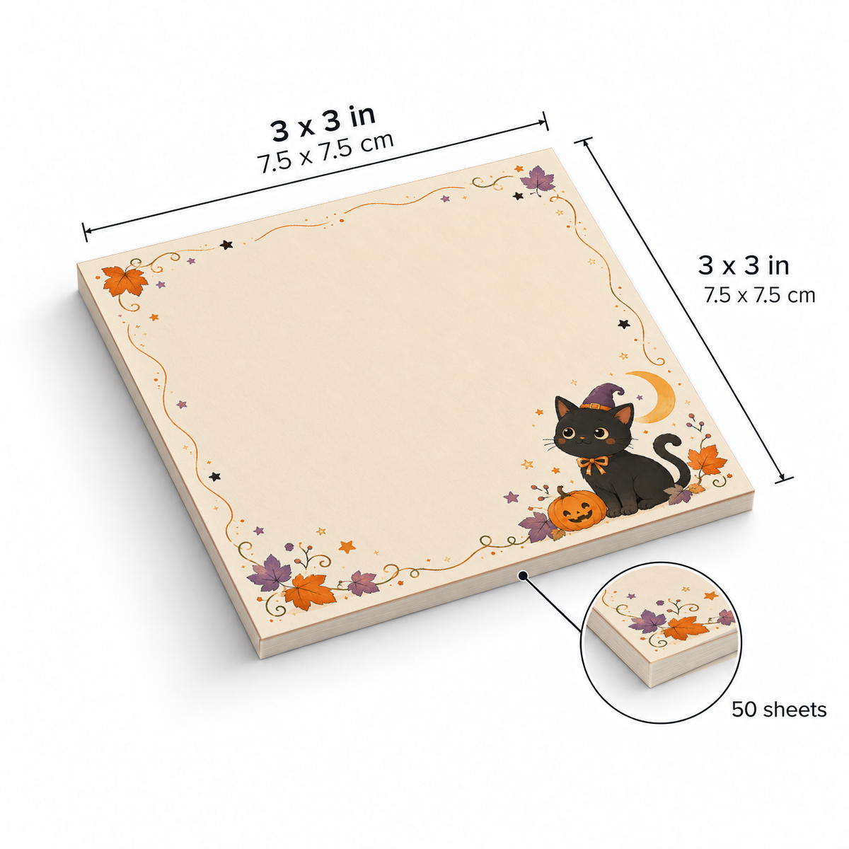 Witch Cat & Pumpkin sticky notes, 3x3 in (7.5 x 7.5 cm), 50 sheets