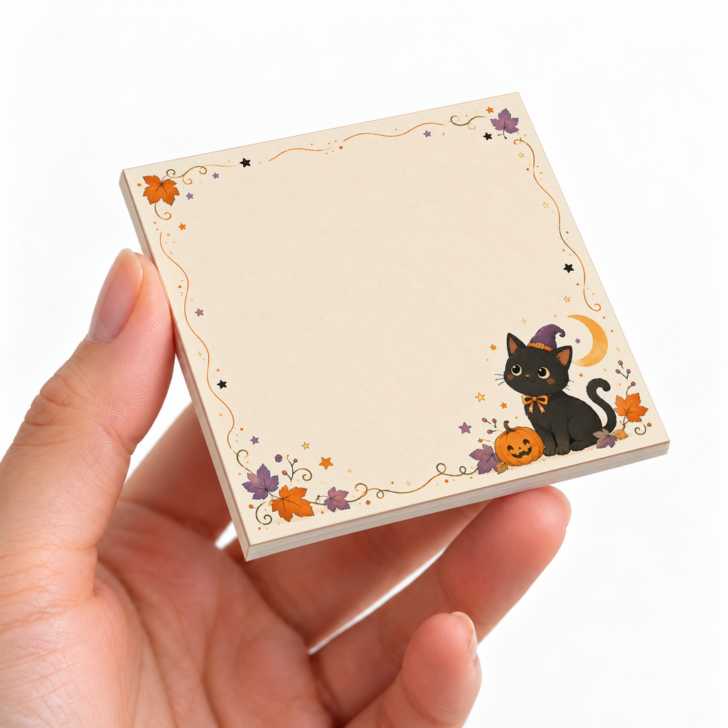 Witch Cat & Pumpkin sticky note pad on a desk with stationery