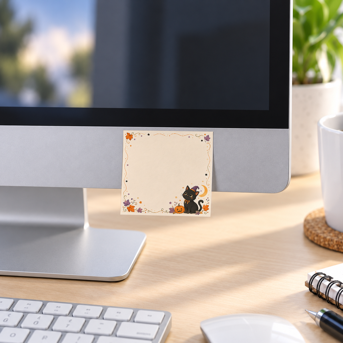 Witch Cat & Pumpkin memo pad in an office or home workspace