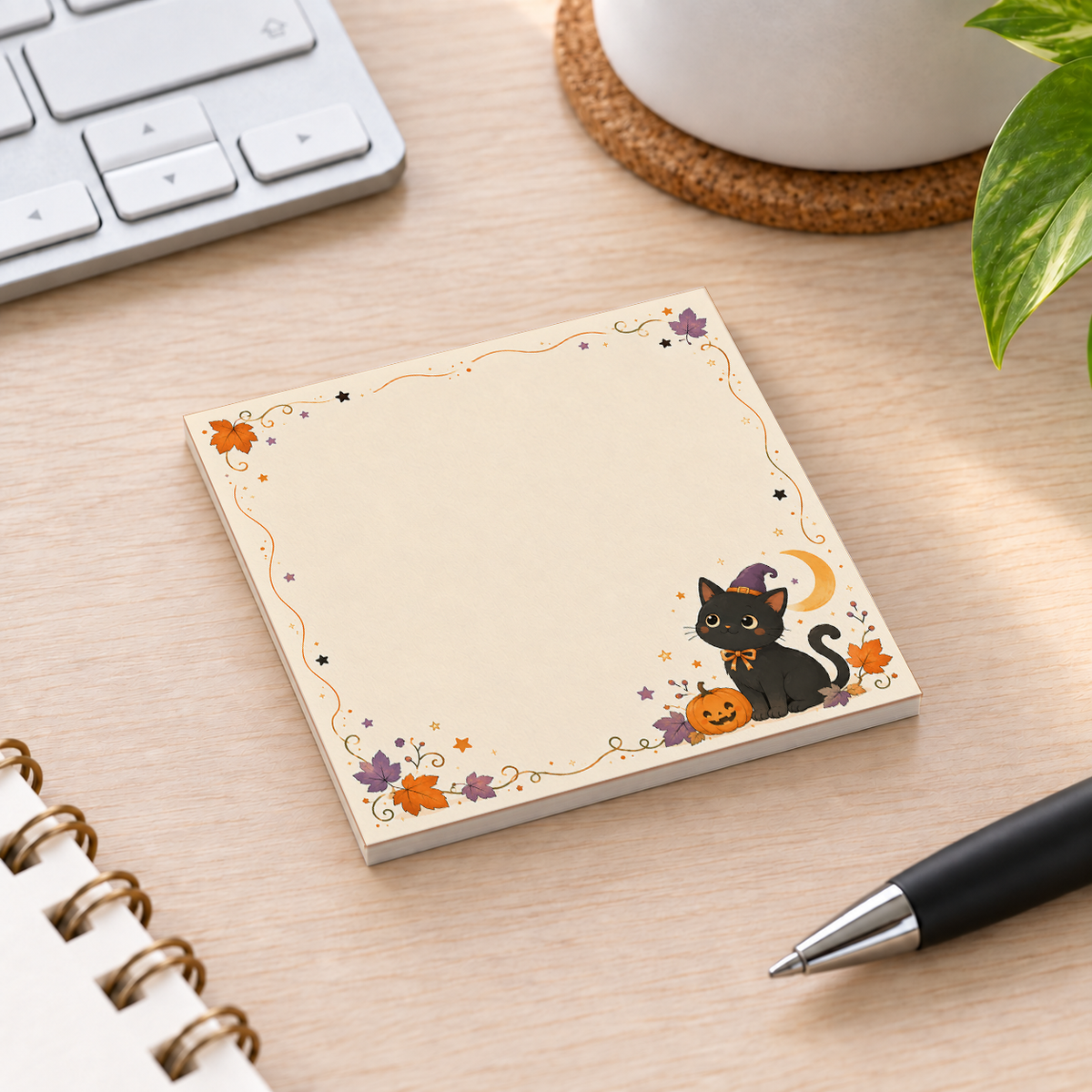 Close-up of Witch Cat & Pumpkin sticky note design and writable area