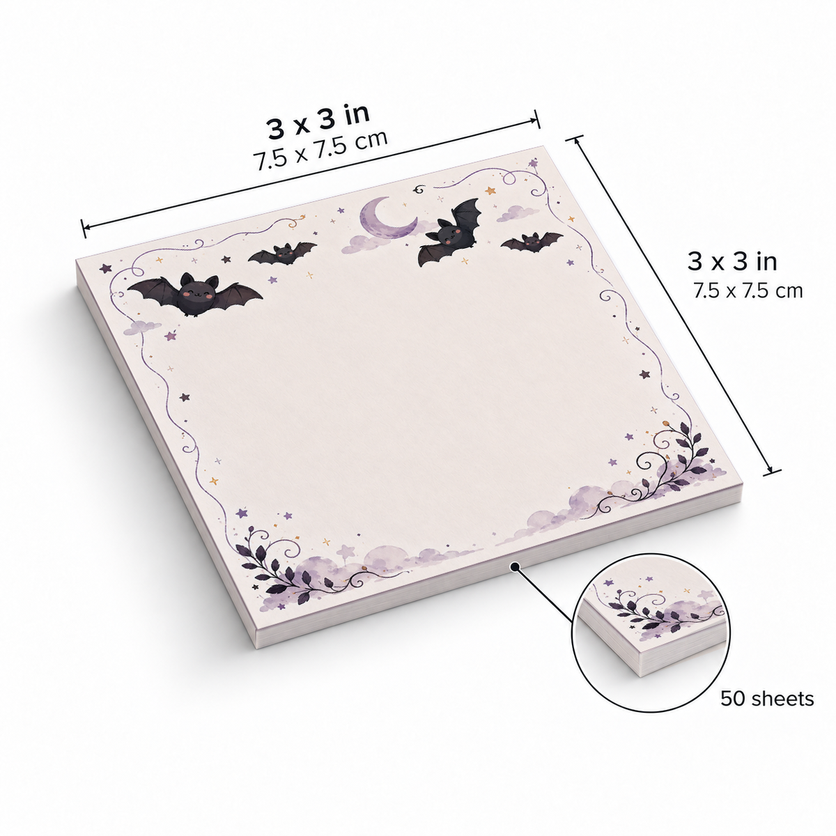 Flying Kawaii Bats sticky notes, 3x3 in (7.5 x 7.5 cm), 50 sheets