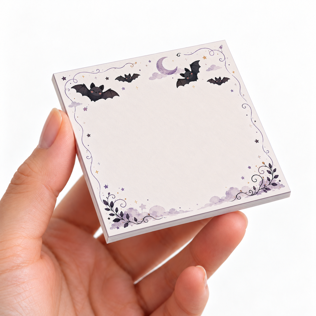 Flying Kawaii Bats sticky note pad on a desk with stationery