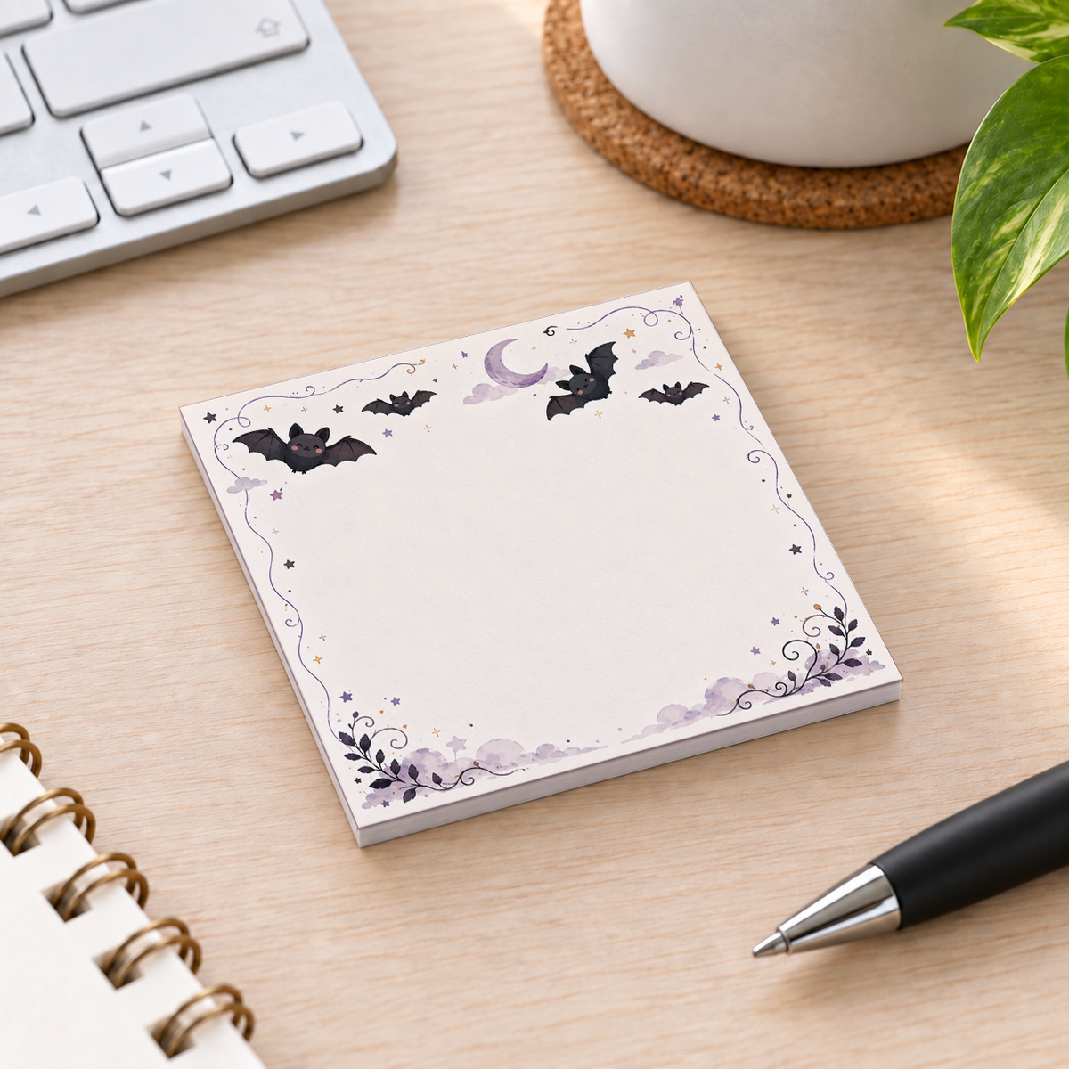 Close-up of Flying Kawaii Bats sticky note design and writable area