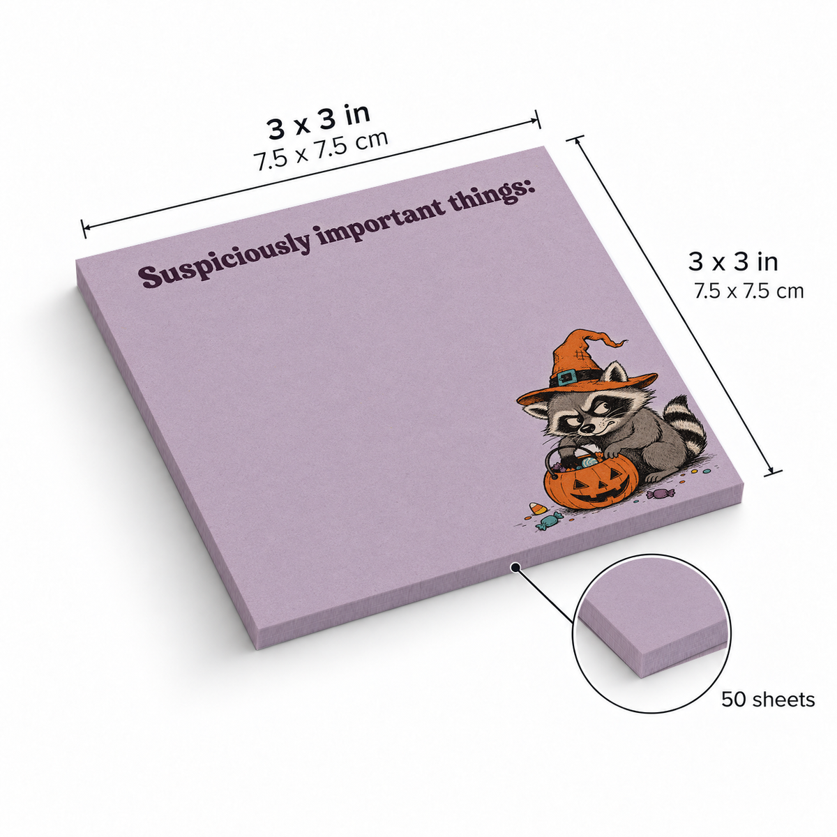 Suspiciously Important Raccoon sticky notes, 3x3 in (7.5 x 7.5 cm), 50 sheets