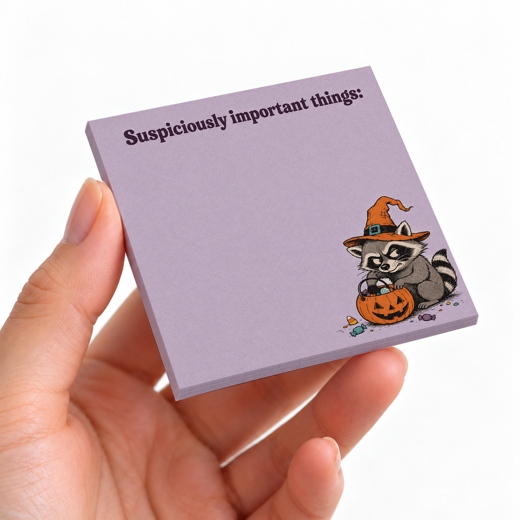 Suspiciously Important Raccoon sticky note pad on a desk with stationery