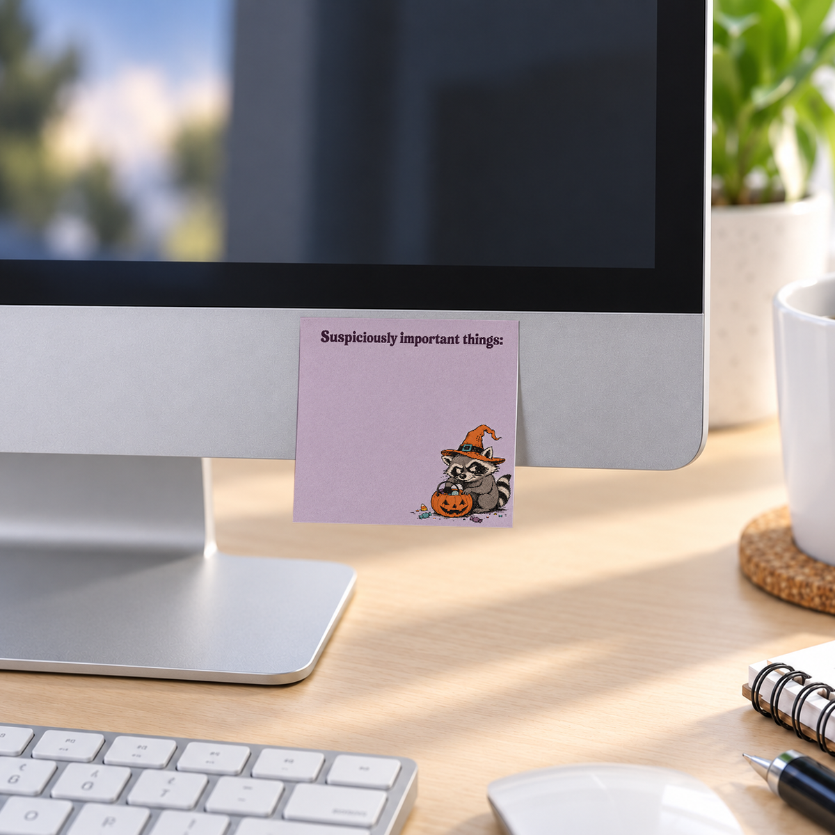 Suspiciously Important Raccoon memo pad in an office or home workspace