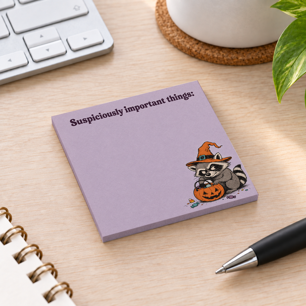 Close-up of Suspiciously Important Raccoon sticky note design and writable area
