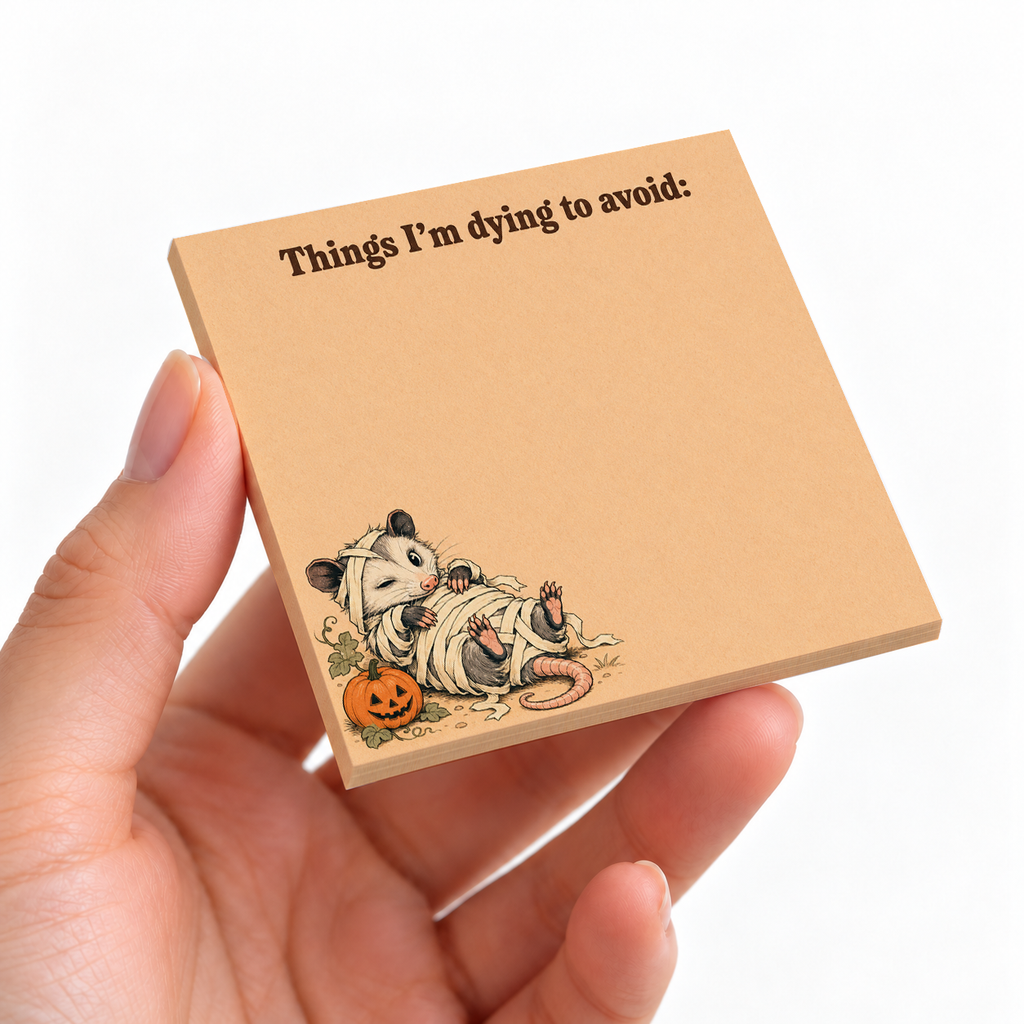 Things I'm Dying To Avoid Opossum sticky note pad on a desk with stationery