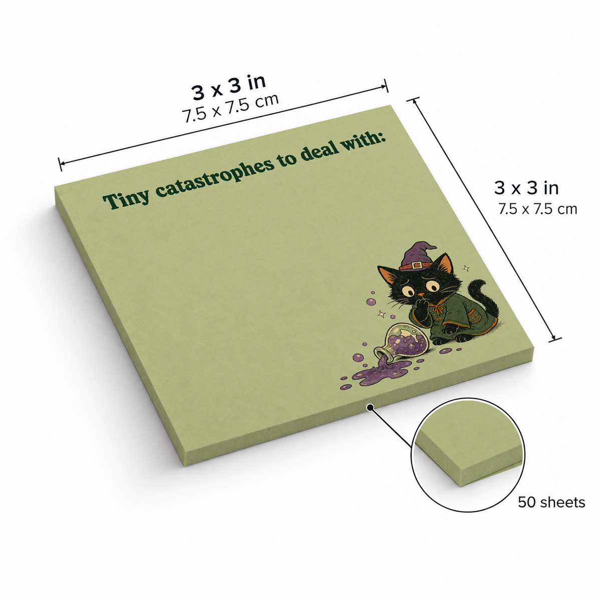 Tiny Catastrophes Black Cat sticky notes, 3x3 in (7.5 x 7.5 cm), 50 sheets