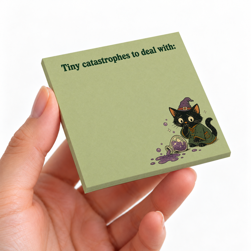 Tiny Catastrophes Black Cat sticky note pad on a desk with stationery