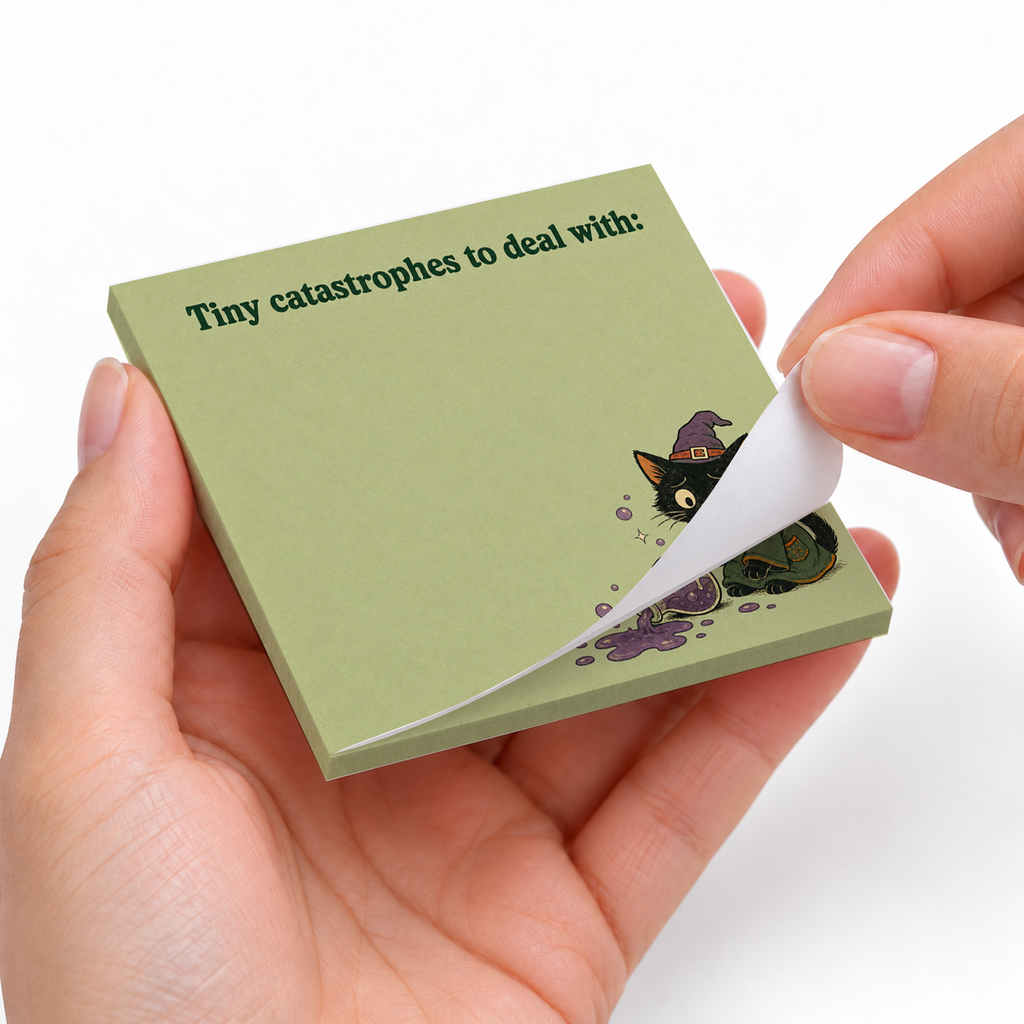 Tiny Catastrophes Black Cat sticky notes styled with a planner and desk accessories