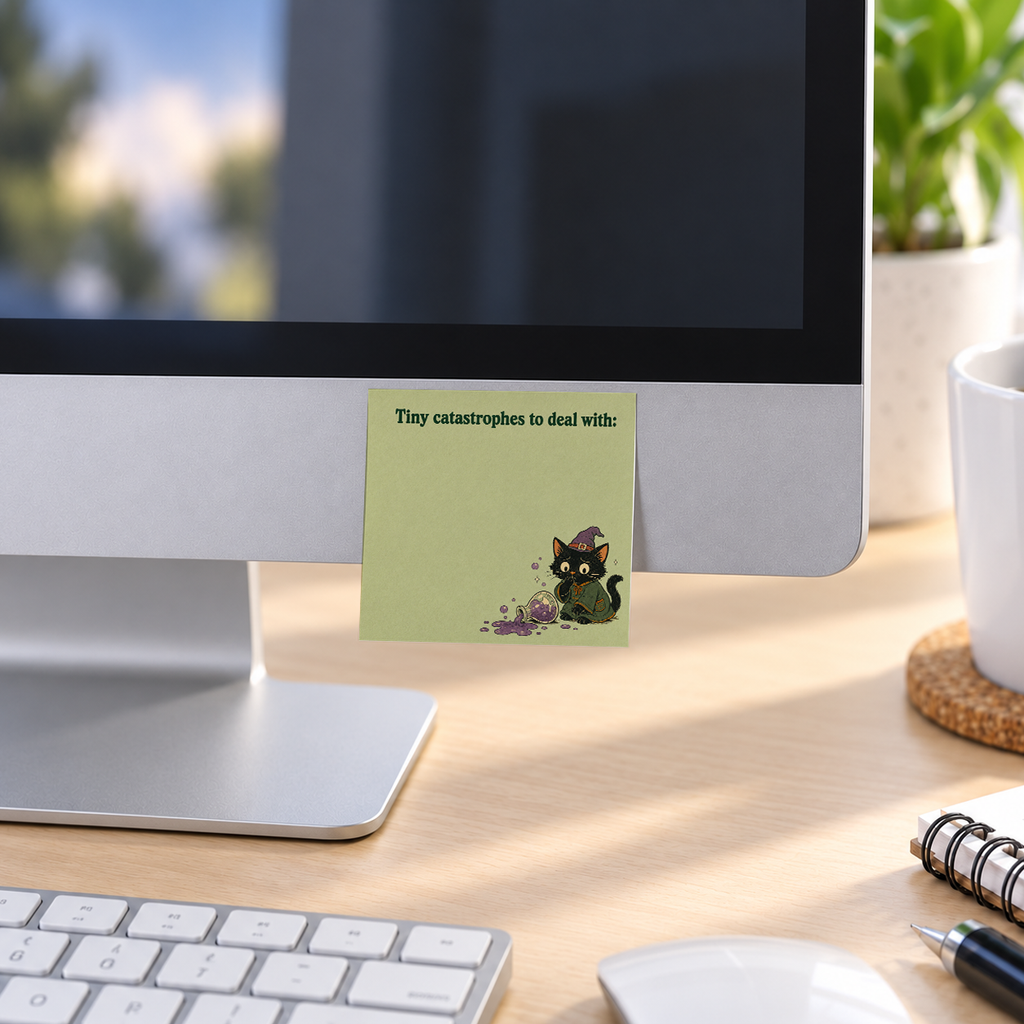 Tiny Catastrophes Black Cat memo pad in an office or home workspace
