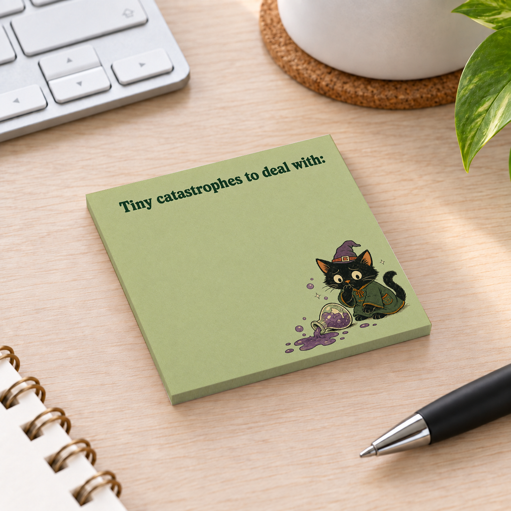 Close-up of Tiny Catastrophes Black Cat sticky note design and writable area