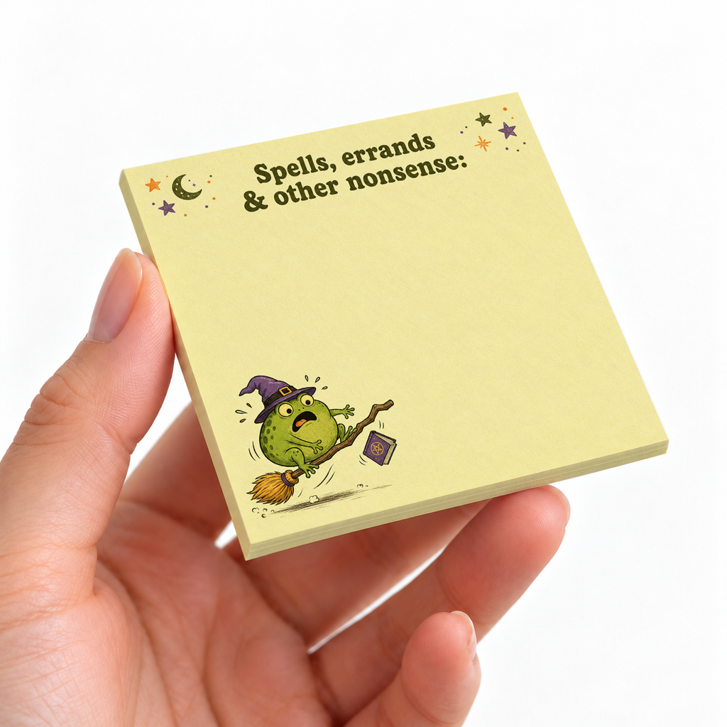 Spells & Errands Flying Frog sticky note pad on a desk with stationery