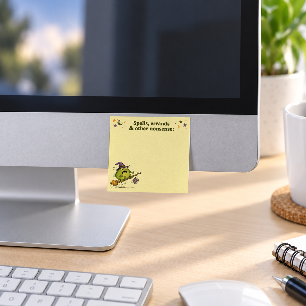 Spells & Errands Flying Frog memo pad in an office or home workspace