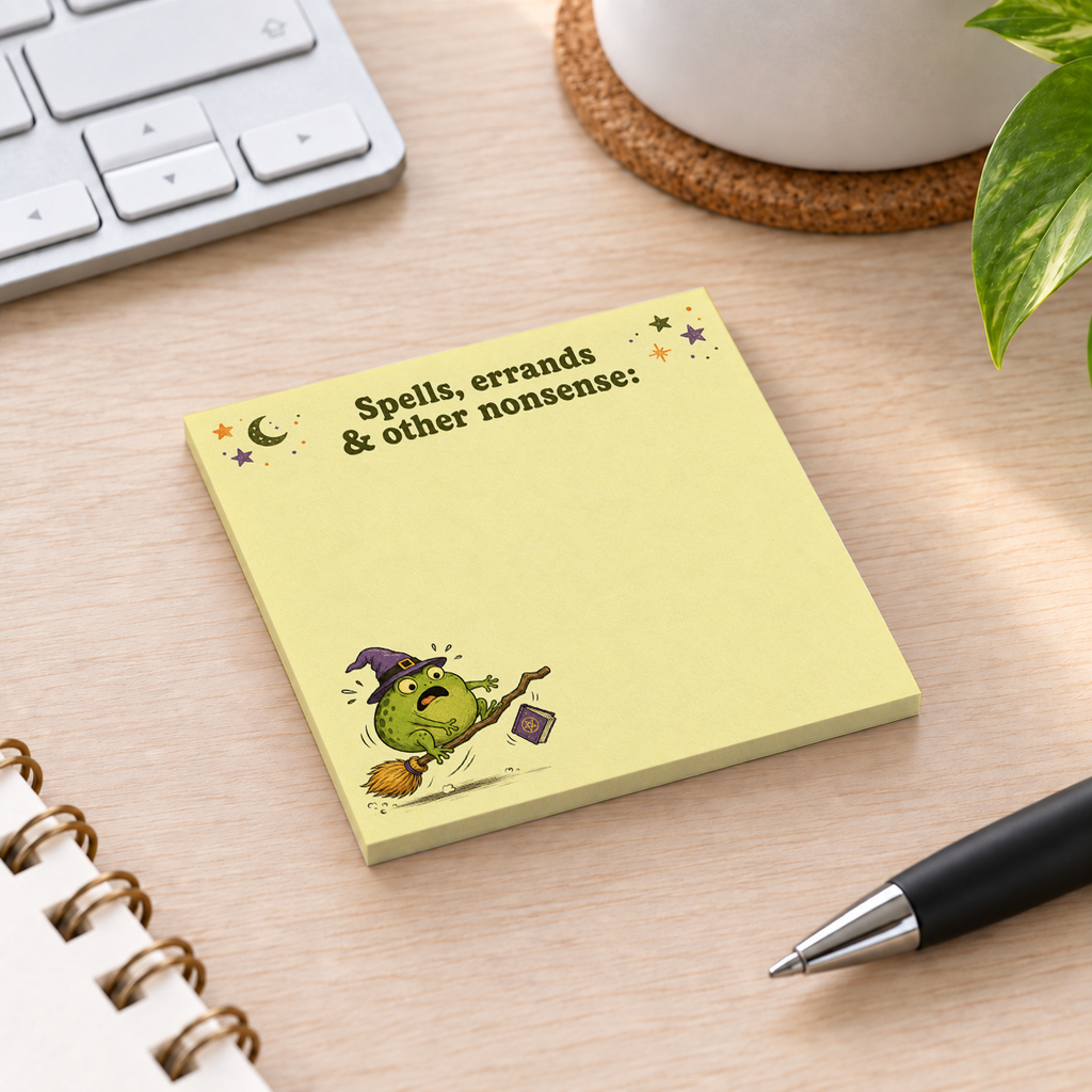 Close-up of Spells & Errands Flying Frog sticky note design and writable area