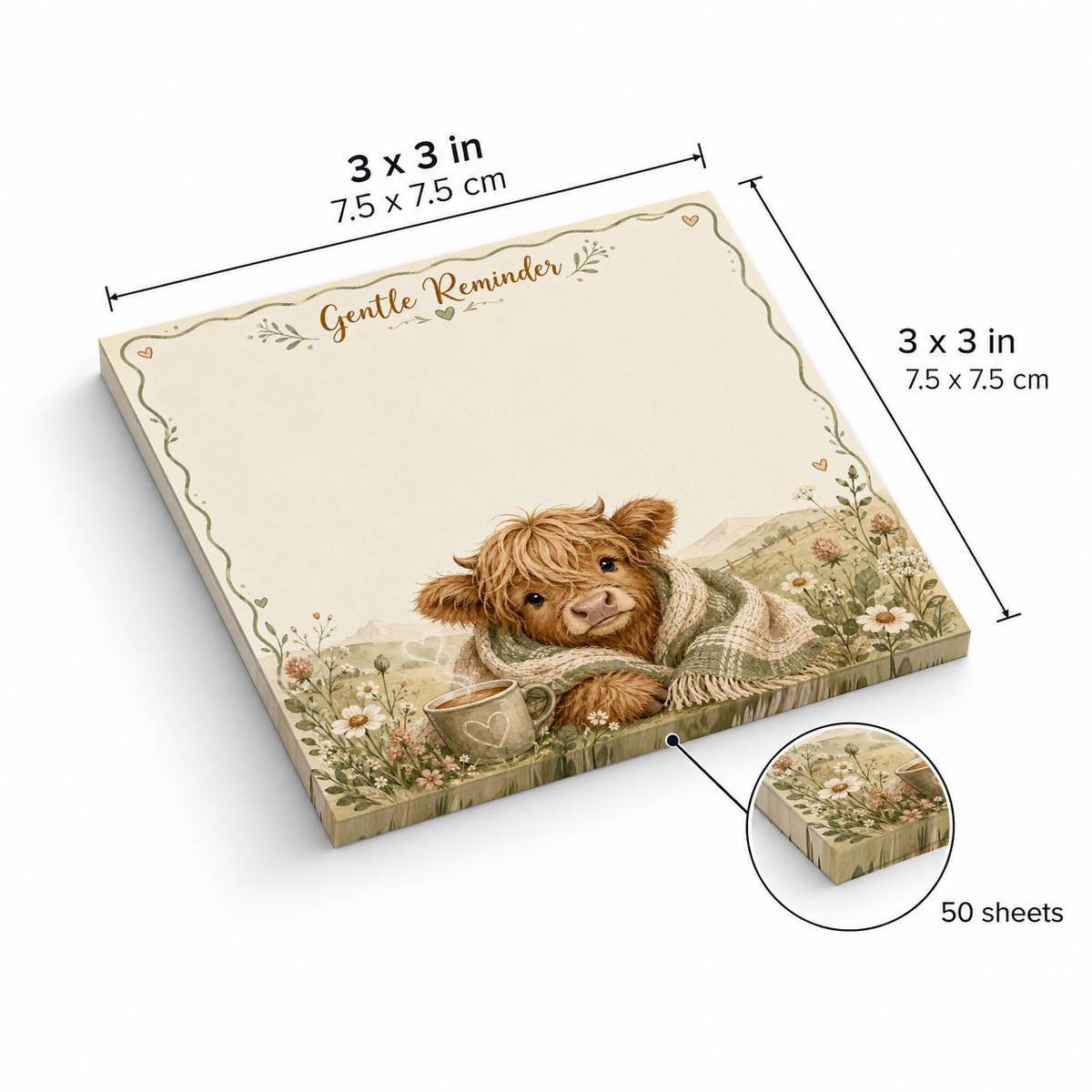 Gentle Reminder Highland Cow sticky notes, 3x3 in (7.5 x 7.5 cm), 50 sheets