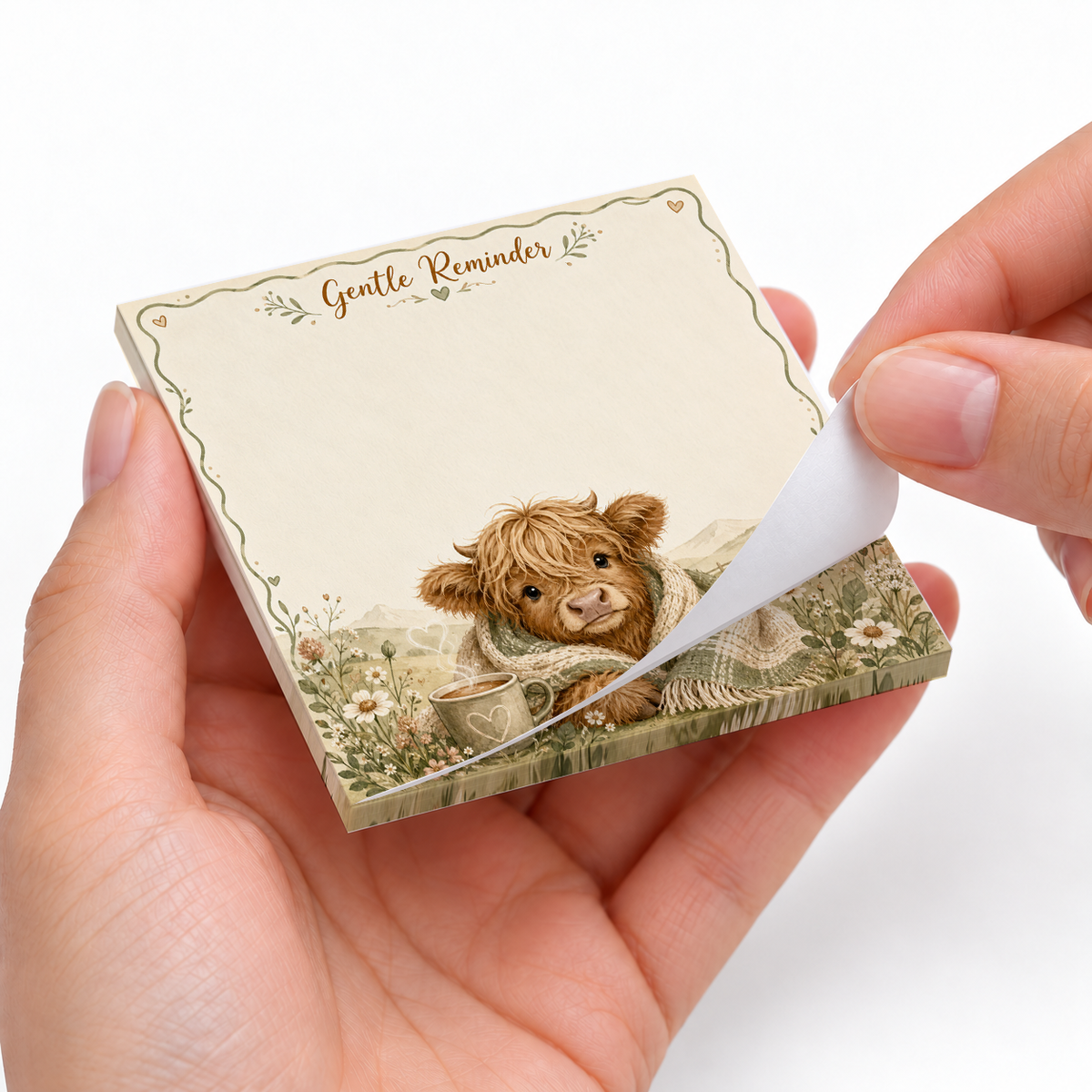 Gentle Reminder Highland Cow sticky notes styled with a planner and desk accessories