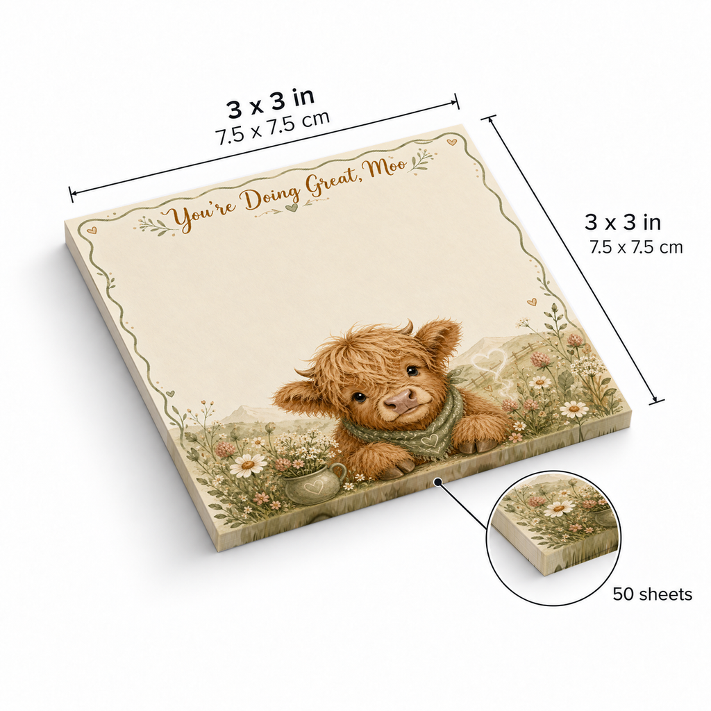 You're Doing Great Moo Highland Cow sticky notes, 3x3 in (7.5 x 7.5 cm), 50 sheets