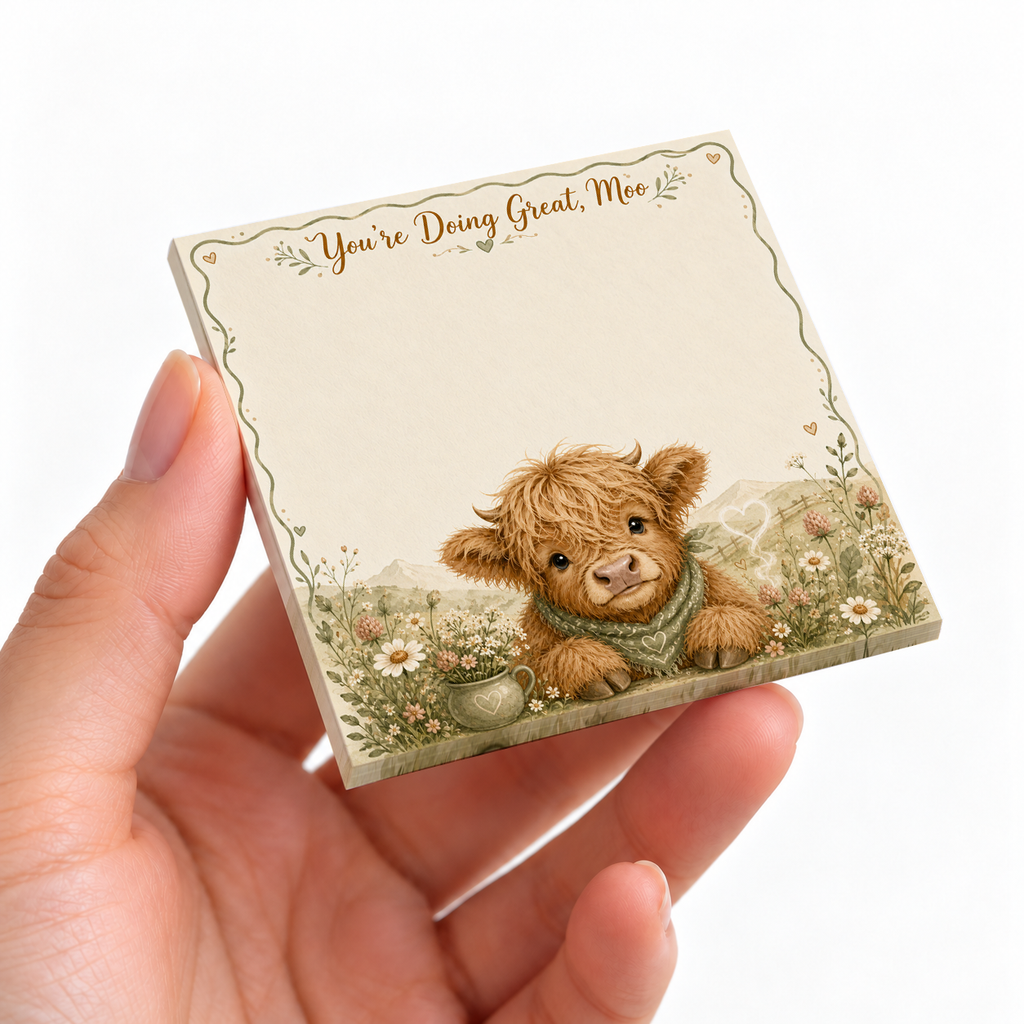 You're Doing Great Moo Highland Cow sticky note pad on a desk with stationery