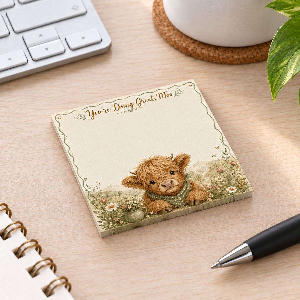 Close-up of You're Doing Great Moo Highland Cow sticky note design and writable area