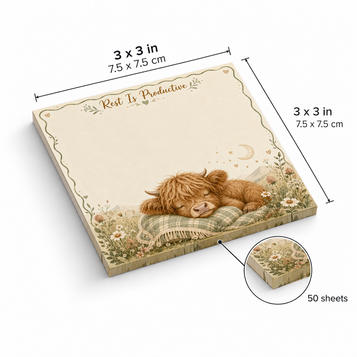Rest Is Productive Sleeping Cow sticky notes, 3x3 in (7.5 x 7.5 cm), 50 sheets