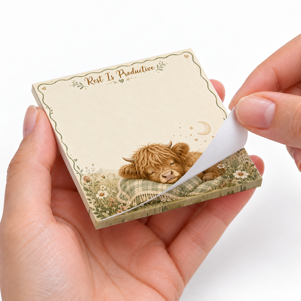Rest Is Productive Sleeping Cow sticky notes styled with a planner and desk accessories