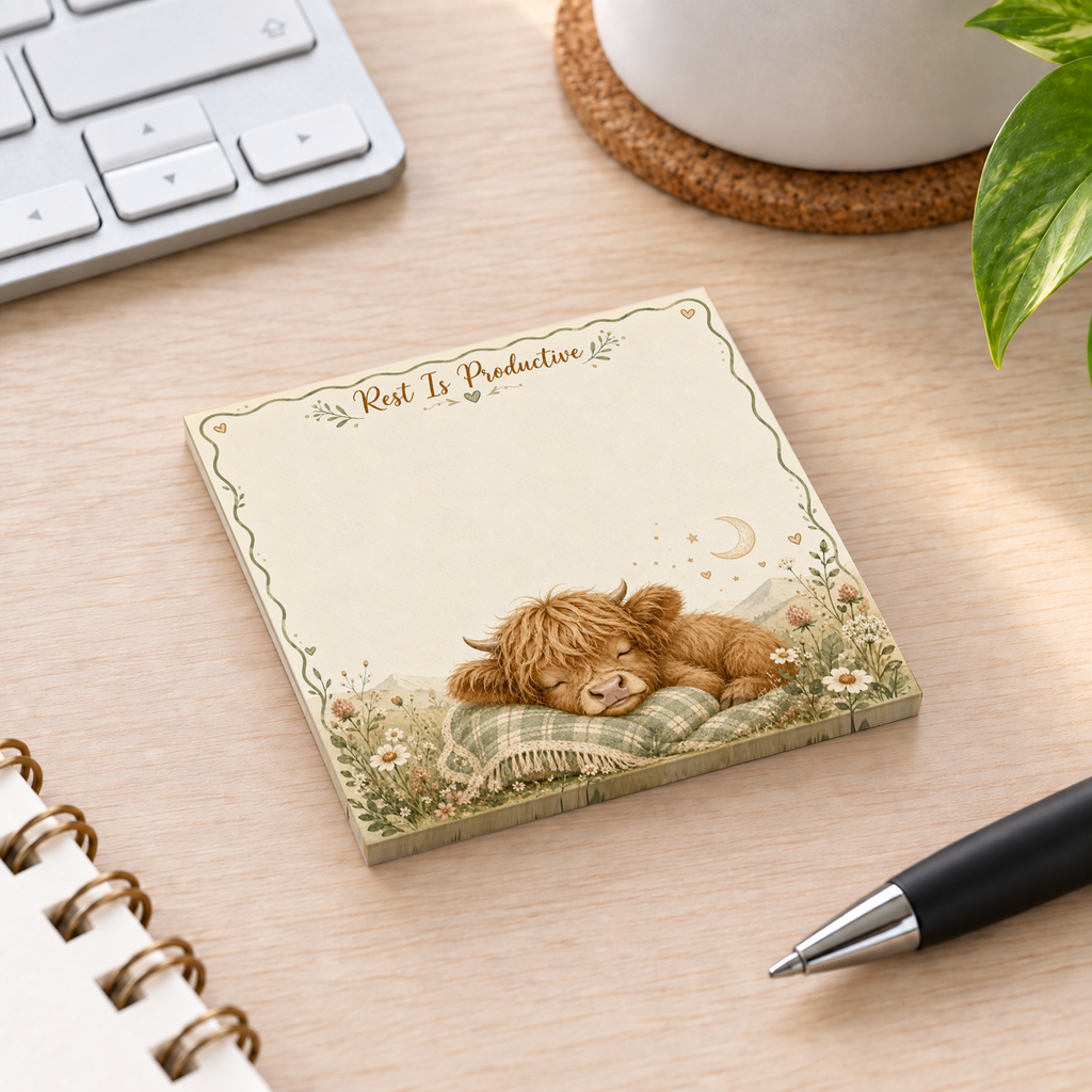 Close-up of Rest Is Productive Sleeping Cow sticky note design and writable area