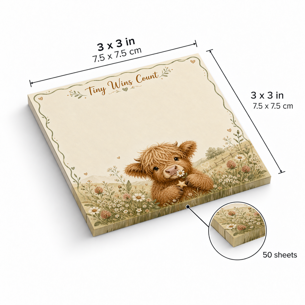 Tiny Wins Count Highland Cow sticky notes, 3x3 in (7.5 x 7.5 cm), 50 sheets