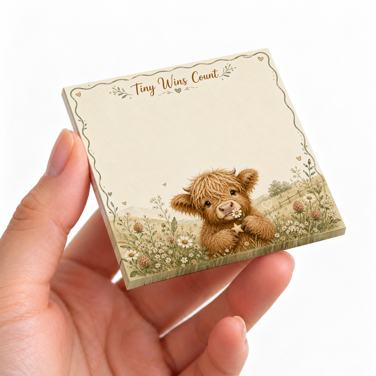 Tiny Wins Count Highland Cow sticky note pad on a desk with stationery