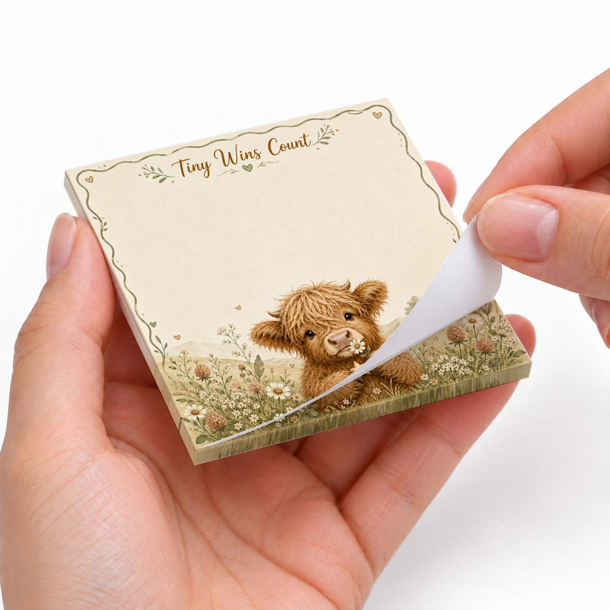 Tiny Wins Count Highland Cow sticky notes styled with a planner and desk accessories