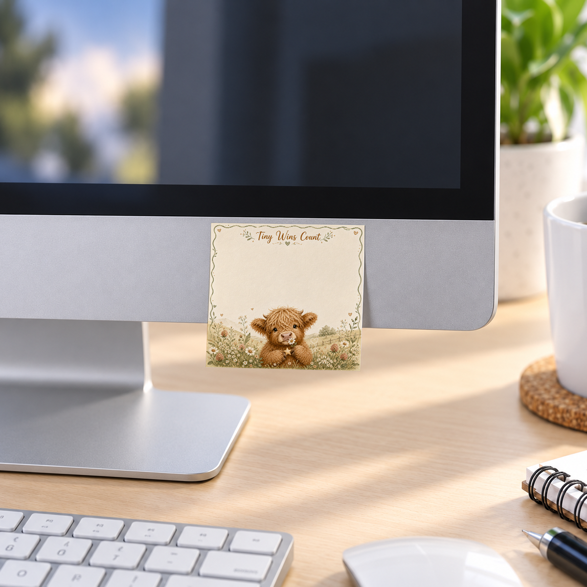 Tiny Wins Count Highland Cow memo pad in an office or home workspace