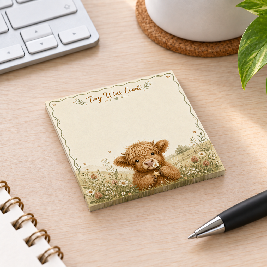 Close-up of Tiny Wins Count Highland Cow sticky note design and writable area