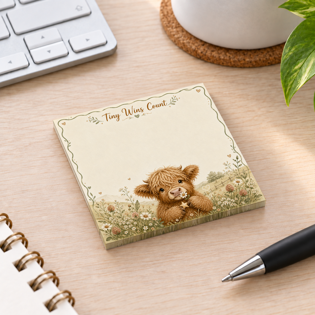 Close-up of Tiny Wins Count Highland Cow sticky note design and writable area