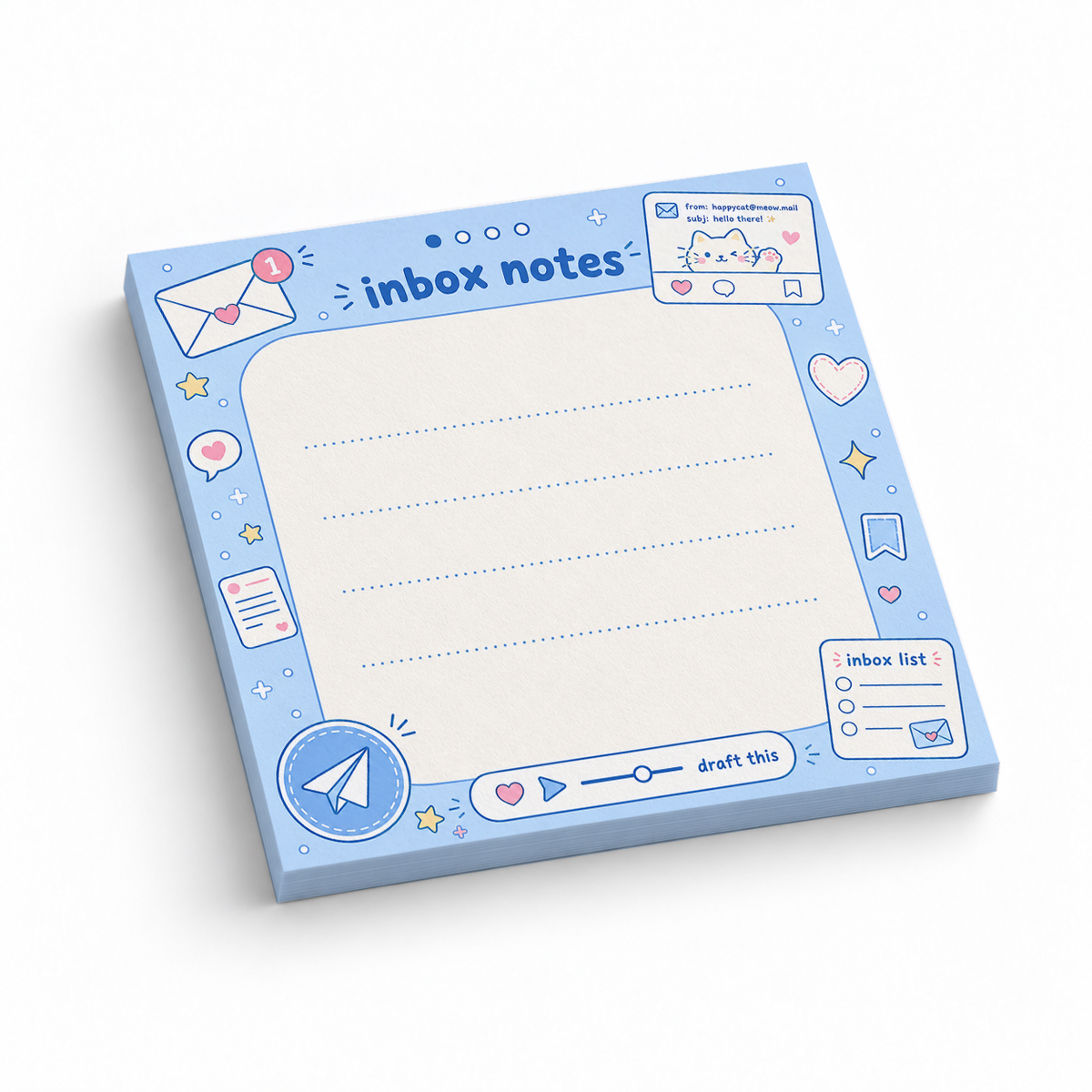 Blue Kawaii Cat Inbox 3x3 sticky notes, 50-sheet memo pad