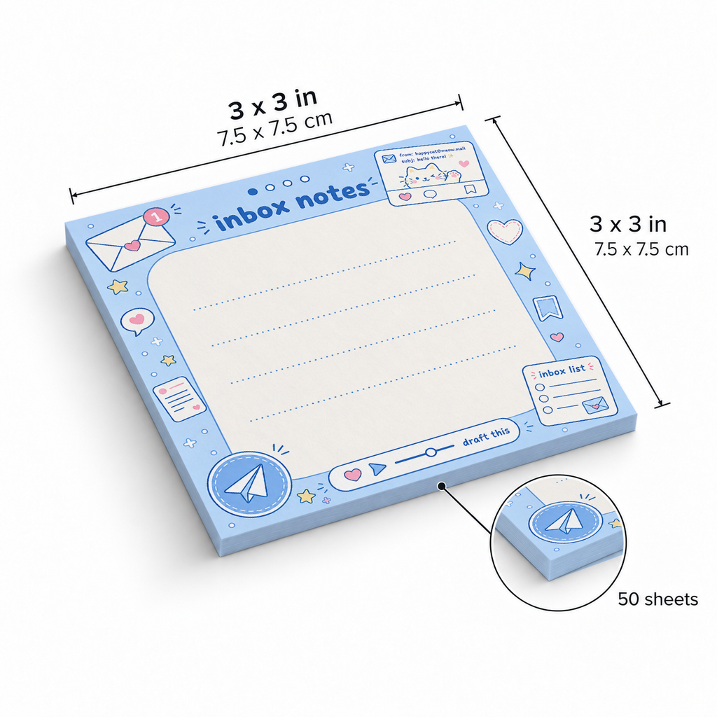 Blue Kawaii Cat Inbox sticky notes, 3x3 in (7.5 x 7.5 cm), 50 sheets