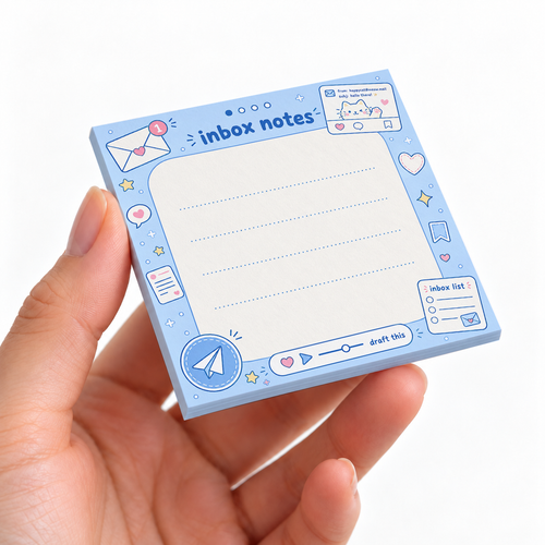 Blue Kawaii Cat Inbox sticky note pad on a desk with stationery