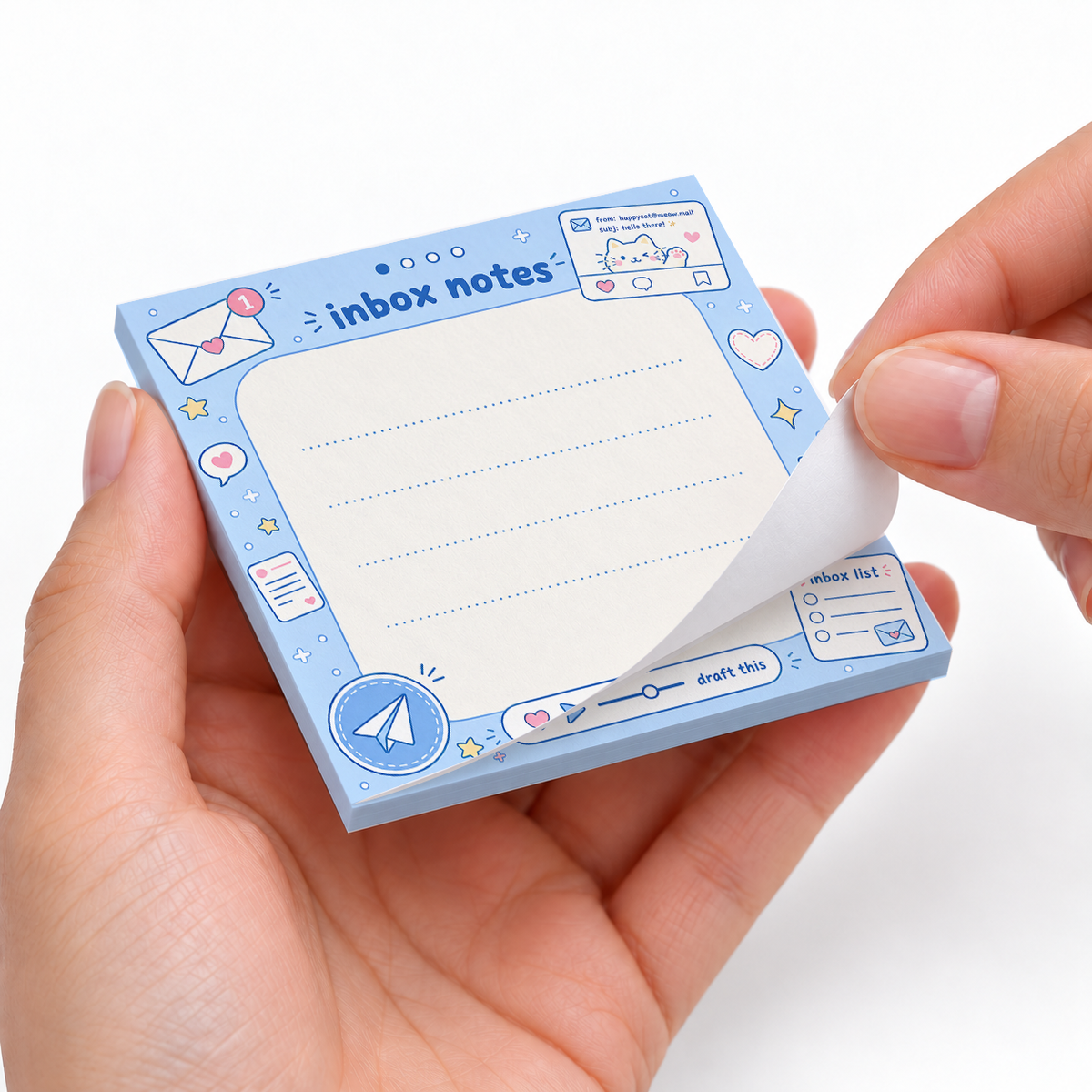 Blue Kawaii Cat Inbox sticky notes styled with a planner and desk accessories
